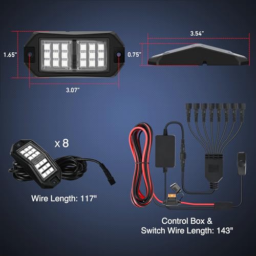 Nilight RGB LED Rock Lights Kit 8 PCS 18LED Wide Angle Wheel Well Light - color: RGB 18LED, size: 8 Pods