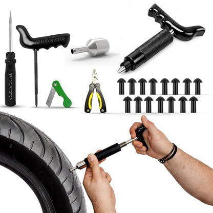 GRAND PITSTOP 22 Pcs Tire Puncture Repair Kit with Multi-Functional Folding Plier Compatible for car Motorcycle, Truck, ARB,ATV, Tractor, RV, SUV, Trailer (15 Mushroom Plugs) - color: Mini Plug Kit+15 Plugs+plier