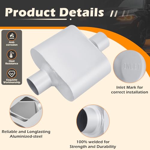 A-KARCK Single Chamber Muffler 2.5" Center Inlet 2.5" Center Outlet, 13" Overall Length Aluminized Steel Aggressive Sound Race Muffler (2 Pcs) - color: Silver, size: 2.5 Inch-2