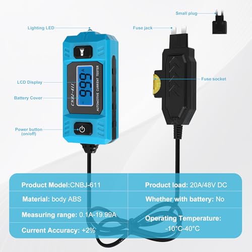Automotive Circuit Fault Probe Tester, 20A 48V Car Relay Fuse Blade Test, Cnbj-611 Parasitic Draw Tester, with LED Display & Front Light, High-Precision for Cars, Trucks, Suvs