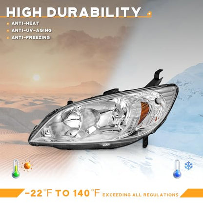 WEELMOTO Halogen Headlights Assembly for 2004-2005 Honda Civic 2/4Door - color: Clear Lens I Chrome Housing I Amber Reflector