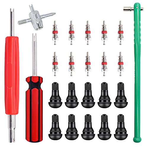 Tire Valve Stem Puller Installer Tool Kit - 10PCS Valve Cores, 10PCS TR412 Tire Valve Stem, 4-Way Valve Tool, Single and Dual Heads Valve Core Remover Tire Repair Tool - size: 24PCS