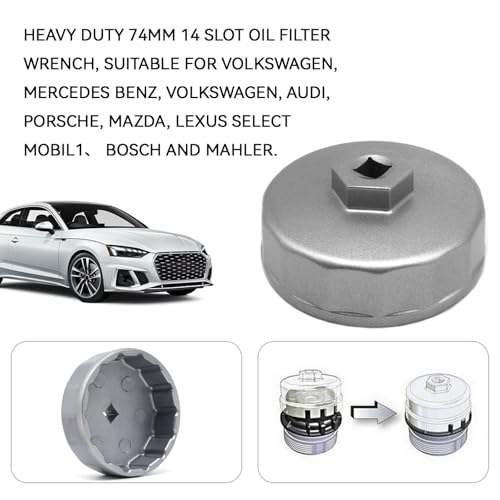 74mm 14 Flutes Oil Filter Wrench, Heavy Duty Oil Filter Removal Tool Socket Set Cartridge Style Housing Cap Wrench for Mercedes Benz Audi Sprinter VW Porsche Mazda, Select Mobil1 Bosch and Mahle