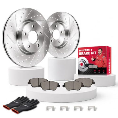 HUSCH Ceramic Brake Pads and Drilled and Slotted Brake Rotors Fit for Ford - size: Drilled&Slotted-54153+D1414