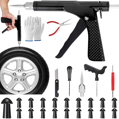 Tubeless Tire Gun Puncture Repair Kit with 18 Mushroom Plugs, for Tire Punctures and Flats on Cars, ATV, Trucks, Motorcycles & Tractors,Quick Repair, Airtight Seal（Black） - size: Gun Kit+ 18 Plugs