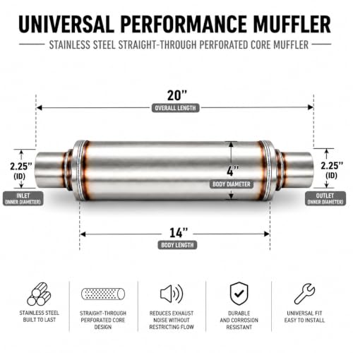 2.25" In/Outl stainless steel straight-Through Perforated Core Universal Performance Muffler,Fit for All Cars and Trucks - size: 2.25in