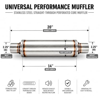 2.25" In/Outl stainless steel straight-Through Perforated Core Universal Performance Muffler,Fit for All Cars and Trucks - size: 2.25in