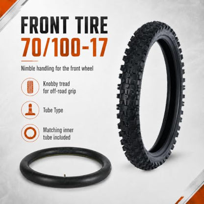 Motocross Tire Set, 70/100-17 Front and 90/100-14 Rear, 2 Tires with 2 Inner Tubes for Electric Dirt Bikes