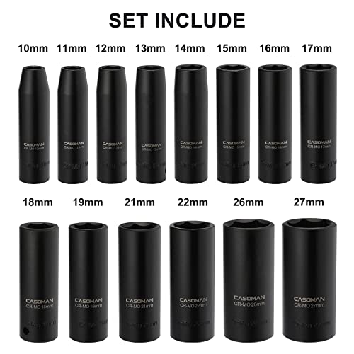 CASOMAN 1/2-Inch Drive Deep Impact Socket Set, 14 Pieces Set, 10mm-27mm, CR-MO, Metric, Heavy Duty Storage Case - size: 10mm-27mm, Deep