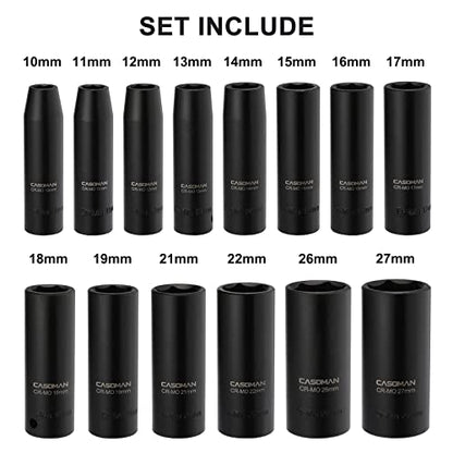 CASOMAN 1/2-Inch Drive Deep Impact Socket Set, 14 Pieces Set, 10mm-27mm, CR-MO, Metric, Heavy Duty Storage Case - size: 10mm-27mm, Deep