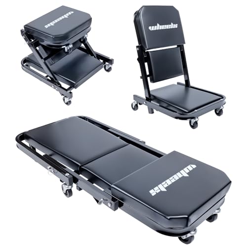 Mechanic Creeper 40inches 3-in-1 Z Seat 480lbs Capacity, Foldable Garage Chair Adjustable Rolling Black with 6pcs Wheels Roller, Lay Down Sit Lean Back, Under Car Shop Auto Repair, Man Gift - color: Black