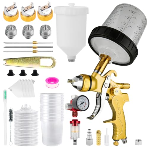 HVLP Spray Gun Kits with 1.4/1.7/2.5mm Nozzles 2 Cups Automotive Paint Guns - color: Yellow