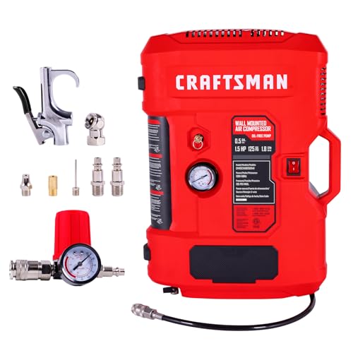 CRAFTSMAN Wall Mount Air Compressor With 8 PCS Accessory Kit, Tire Inflator Portable & Quiet Air Compressor with Retractable 30ft Air Hose, Mini Tank 125 PSI MAX Pressure & 1.5 HP for Garage and Home