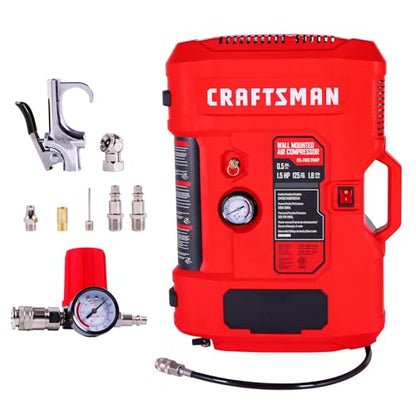 CRAFTSMAN Wall Mount Air Compressor With 8 PCS Accessory Kit, Tire Inflator Portable & Quiet Air Compressor with Retractable 30ft Air Hose, Mini Tank 125 PSI MAX Pressure & 1.5 HP for Garage and Home