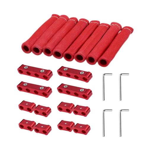 12pcs Spark Plug Wire Separator Divider & 8pcs Spark Plug Boot Protector, Heat Shield Sleeve for 8mm-10mm Wires, 2500° Heat Shield, Aluminum Alloy Ignition Wire Divider, Red