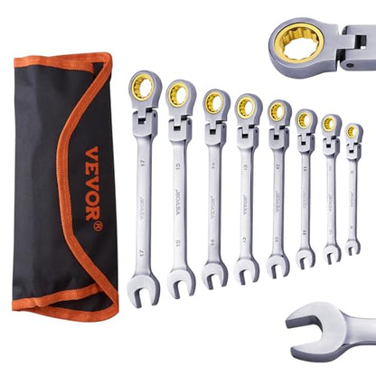 VEVOR Flex-Head Ratcheting Wrench Set, Nickel Plating, 8-piece Flexible Ratcheting Combination Wrench Set with Roll-up Pouch, CR-V, 72 Teeth, Metric 8-17mm - size: 8PCS (Metric), style: Flex-head