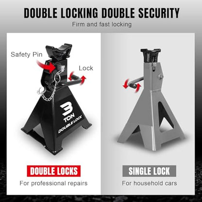 Torin 3 Ton Steel Heavy Duty Jack Stands, Double Locking Pins Car Lift Jack, Black, 2 Pack - style: Wide Base