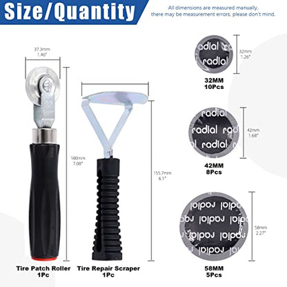 Glarks 25Pcs Tire Repair Tool Kit Including Tire Patch Roller, Tire Inner Liner Scraper and Round Natural Rubber Tire Puncture Practical Car Tire Repair Tool for Car Truck Bike