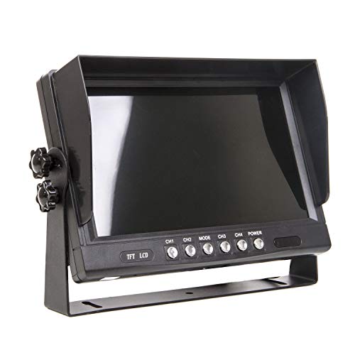 9" TFT LCD Car Rearview Quad Split Monitor,Remote Control, 4 Channels 4-PIN Connector Video Inputs Shockproof - 12V-24V 800480HD Screen w/Sunshade Anti-Glare