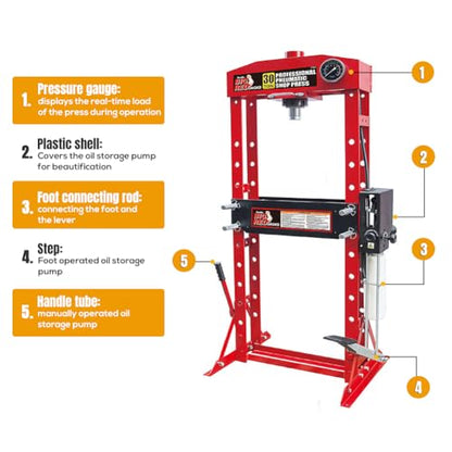 30 Ton H-Frame Hydraulic Shop Press with Floor Press Plates for Garage Shop