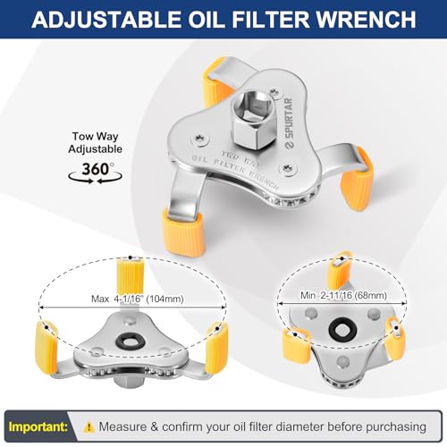 Spurtar 3-Jaw Oil Filter Wrench Adjustable 2-11/16" to 4-1/16" 68mm-104mm