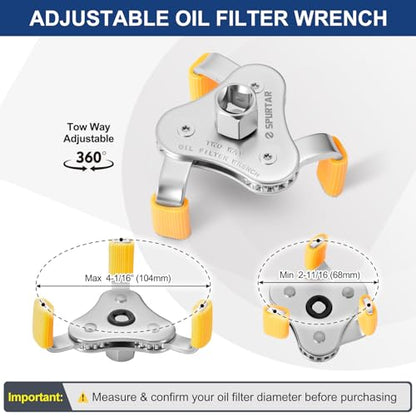 Spurtar 3-Jaw Oil Filter Wrench Adjustable 2-11/16" to 4-1/16" 68mm-104mm