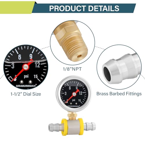 MEASUREMAN 0-15 Psi Glycerin Filled Fuel Pressure Gauge, 1.5” Dial, 304 Stainless Steel Case, 1/8” NPT Lower Mount, with 3/8” Fuel Line Adapter, Copper Tube & Fittings, Red Aluminum Pointer - size: 0-15 psi, style: Lower Mount (7 Pieces Kit Black)