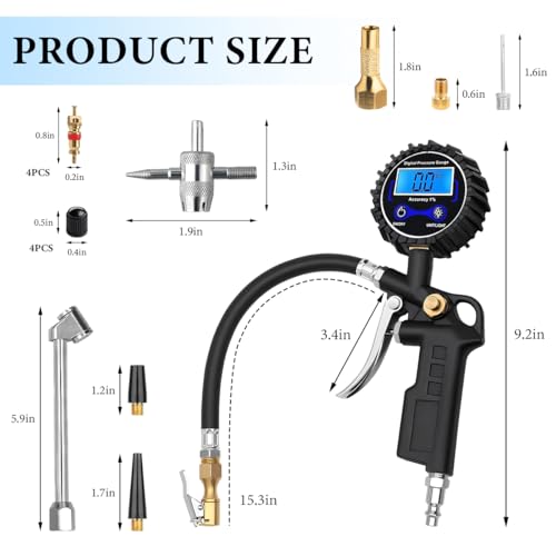 Digital Tire Pressure Gauge with Inflator, 250 PSI Tire Gauge with 360° Air Chuck Air Compressor Accessories, Heavy Duty Inflator Gauges with Quick Connect Coupler & Extended Hose