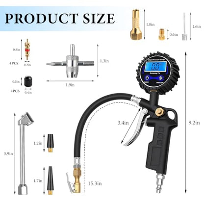 Digital Tire Pressure Gauge with Inflator, 250 PSI Tire Gauge with 360° Air Chuck Air Compressor Accessories, Heavy Duty Inflator Gauges with Quick Connect Coupler & Extended Hose