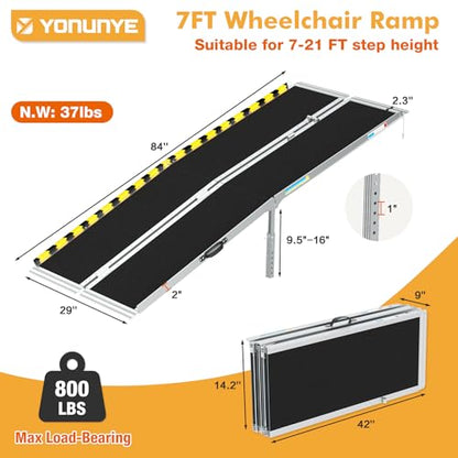 7ft Portable Wheelchair Ramp, Non-Slip Aluminum Folding Handicap with Support Legs & Latch, Threshold Ramp Suitable for 7" -21" Height Suitable for Home Steps, Stairs, Doorways, Car, Curbs - size: 7FT Using Height "-21"