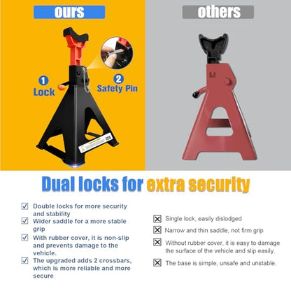 Heavy Duty Car Jack Stands 3 Ton with 2 Crossbars&Double Locking - color: Black+Orange, size: 3 Ton Double Locking with Crossbars