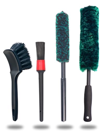 oesee Professional 4 Pack Long Handle Wheel Brush Kit for Cleaning Wheel and Tire- 2X Soft Wheel Cleaning Brush, Detailing Brush and Stiff Tire Brush, Bendable& Durable Wheel Rim Cleaner Brush Set - color: Green/Black, size: 4-Pack