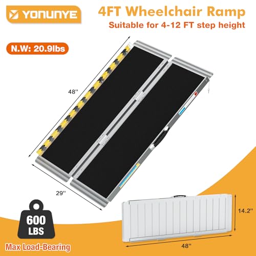 Portable Wheelchair Ramp 4FT, Aluminum Foldable Handicap Ramp, Weight Capacity Up to 600 LBS, Anti-Slip Threshold Ramp for Wheelchairs for Home, Stairs, Steps, Doorways - size: 4FT Using Height 4"-12"