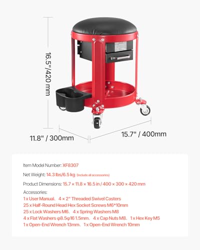 VEVOR Rolling Mechanic Stool with Wheels, 300 lbs Capacity Garage Seat/Work Stool, Padded Roller Creeper Seat with Fixed Height, Tool Tray and 2 Drawers, for Garage, Shop & Auto Repair, Red+Black