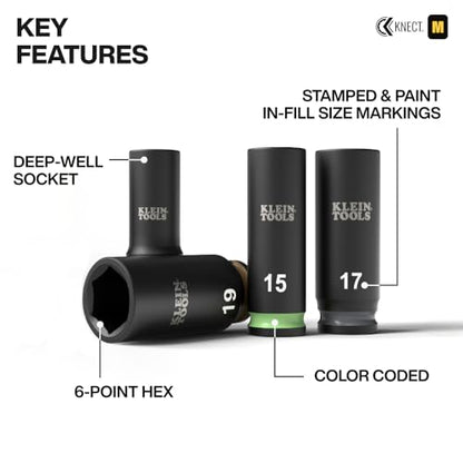 Klein Tools 65109IMPCTM KNECT Deep-Well 3/8-Inch Drive Impact Socket Set, Metric, 9-Piece Tool Set with Impact Driver Adapter, Multi-Purpose Wrench Adapter, Color-Coded, MODbox Socket Organizer - style: 9-Piece Metric Set