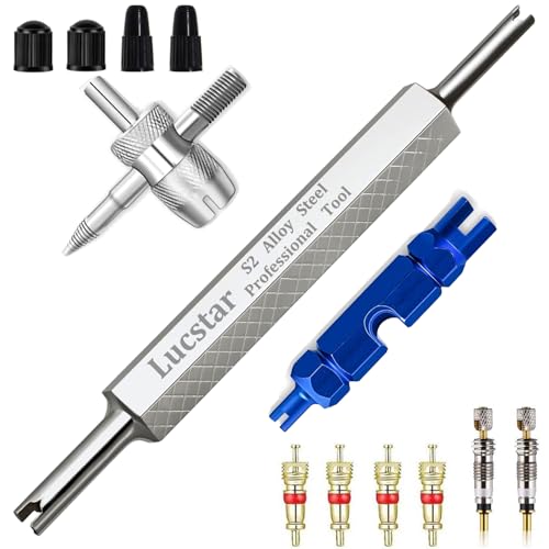Tire Valve Stem Removal Tool Kit, R134A R12 A/C Schrader Valve Stem Core Remover Tool for Car Bicycle Tyre RV Truck, 4 Schrader/Presta Valve Caps, 6Pcs Valve Core, 3 Automotive Tools Wrench