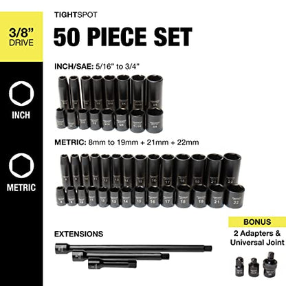TIGHTSPOT 3/8" Drive 50pc Impact Socket PRO SET, our Most Popular Set Ever with SAE & Metric from 5/16 Inch - 3/4 Inch, 8mm-19mm + 21mm + 22mm, Standard/Deep Sockets, Extension Bars, Adapters & More - size: 3/8“ Drive 50pc Impact Socket Set