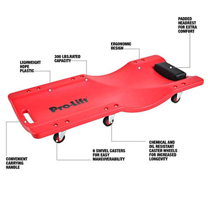 Pro Lift Mechanic Plastic Creeper 36 Inch - Blow Molded Ergonomic HDPE Body with Padded Headrest - 300 Lbs Capacity - color: Red