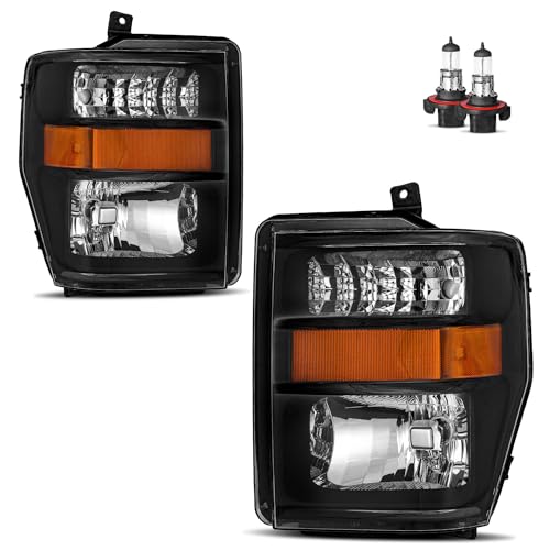 Headlights W/Bulbs for 2008 2009 2010 Ford F250 F350 F450 F550 - color: Black | With High & Low Beam Bulbs