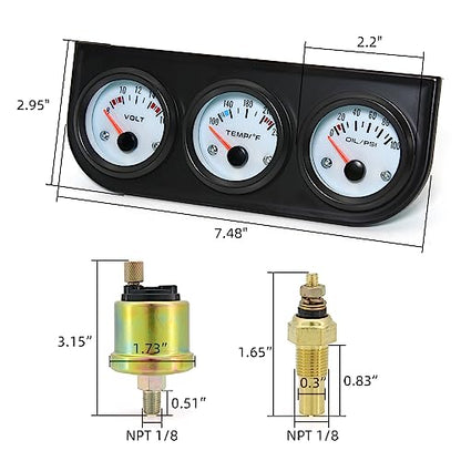 ARTILAURA 52mm Triple Gauge Set (Oil Pressure+Water Temp+Voltmeter) 3 in1 White Triple Meter Kit Dashboard with Black Console for 12V AUTO Car - color: White