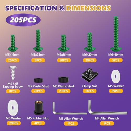205Pcs Motorcycle Fairing Bolt Kit, M5 M6 Stainless Steel 304, Green - color: Green