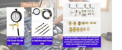 Fuel Injection Pressure Tester Kit 0-140 PSI, Universal Fuel Pump Pressure Gauge Set with Quick Release Valve, Reinforced Hoses & Multi-Size Adapters for Gasoline Engine Diagnostic (((TU-443Red)))
