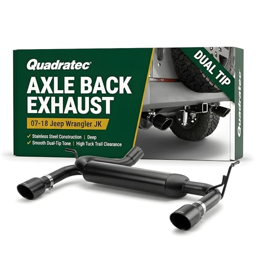 Quadratec Axle Back Dual Outlet Performance Exhaust System - Fits Jeep Wrangler JK 2007-2018 - Offroad Durability - Stainless Steel, Black Finish - Deep Smooth Exhaust Tone - 2.5" Pipe, 4" Tips