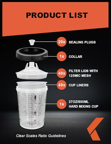 KREFINISH Disposable Paint Sprayer Mixing Cup Liners and Lid System for HVLP Spray Gun,Car Paint Gun 27 Ounce(800ml) Kit with 40 Cups Liners,40 Lids with Strainer,1 Hard Cup with Retainer Ring,20 Plugs - size: 27 Ounce Cup Kit