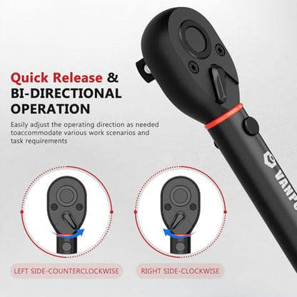 VANPO Torque Wrench 1/2-Inch Drive, 10-170.0ft.lb/13.60-230.5Nm,72 Tooth, TRP+ABS Plastic Handle, Click Torque Wrench with 1/2" to 3/8" Adapter & 125mm Extension Bar for Moto, Automotive Maintenance