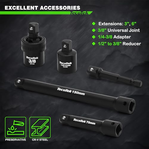 TecoTek 3/8" Drive Impact Socket Set, 49-Piece SAE (5/16"-3/4") and Metric (8mm-22mm), 6 Point, Cr-V, Extension Bars, 1/2" F to 3/8" M Reducer, Universal Joint and Power Drill Adapter - style: 3/8" Drive 49pcs Impact Socket Set