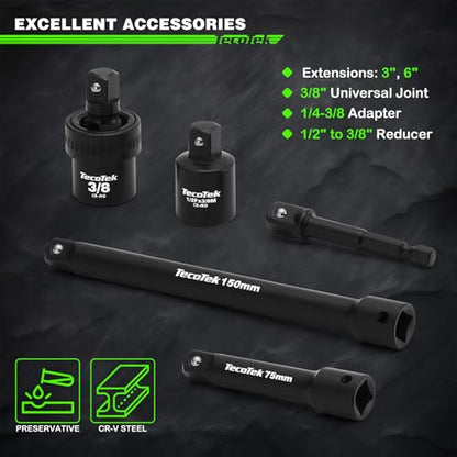 TecoTek 3/8" Drive Impact Socket Set, 49-Piece SAE (5/16"-3/4") and Metric (8mm-22mm), 6 Point, Cr-V, Extension Bars, 1/2" F to 3/8" M Reducer, Universal Joint and Power Drill Adapter - style: 3/8" Drive 49pcs Impact Socket Set