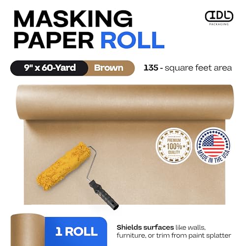 IDL Packaging Brown Masking Paper Roll 9" x 60-Yard (135 Sq.Ft.) to Cover Area - USA-Made Natural Painter’s Paper for Painting and Construction - Wall Covering for Surface Protection - color: 09"x180', Brown, size: 1 Roll