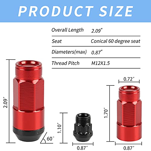 20PCS Closed End Lug Nuts M12X1.5 Wheel Rims Lug Nuts +Socket (Red) - color: Red