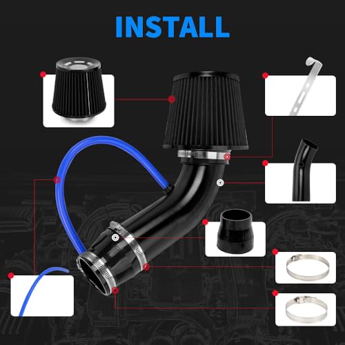 3-Inch Universal Cold Air Intake Kit, Aluminium Automotive Air Intake Pipe Kit with High Flow Filter, Induction Hose System for Cars and Trucks, Black Filter